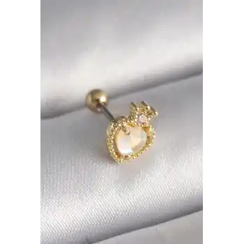 316L Çelik Gold Renk Beyaz Mineli Kalp Zirkon Taş Detaylı Taç Tragus Piercing