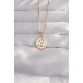 316L Çelik Gold Renk Beyaz Mineli Karışık Figürlü Tarot Kolye
