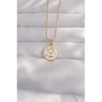316L Çelik Gold Renk Beyaz Mineli Karışık Figürlü Tarot Kolye
