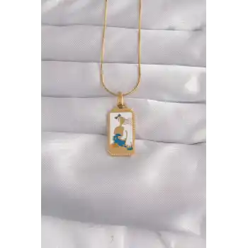 316L Çelik Gold Renk Beyaz Mineli Kız Figür Tarot Kolye