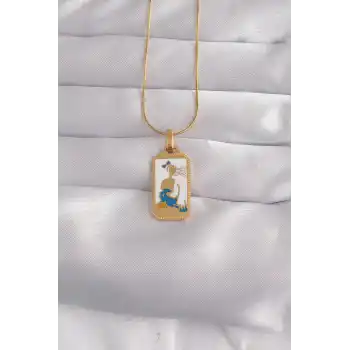 316L Çelik Gold Renk Beyaz Mineli Kız Figür Tarot Kolye
