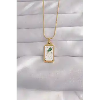 316L Çelik Gold Renk Beyaz Mineli Tarot Kolye