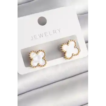 316L Çelik Gold Renk Beyaz Minelik Yonca Model Kadın Küpe