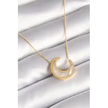 316L Çelik Gold Renk Beyaz Sedefli Hilal Model Kadın Kolye