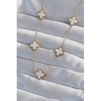 316L Çelik Gold Renk Beyaz Sedefli Yonca Kolye