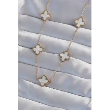 316L Çelik Gold Renk Beyaz Sedefli Yonca Kolye