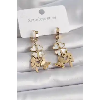 316L Çelik Gold Renk Beyaz Sedefli Yonca Simli Kelebek Figür Kadın Küpe