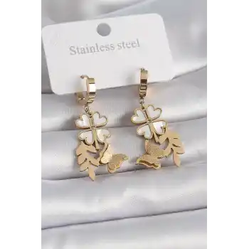 316L Çelik Gold Renk Beyaz Sedefli Yonca Simli Kelebek Figür Kadın Küpe