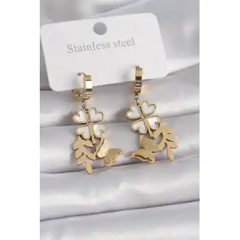 316L Çelik Gold Renk Beyaz Sedefli Yonca Simli Kelebek Figür Kadın Küpe