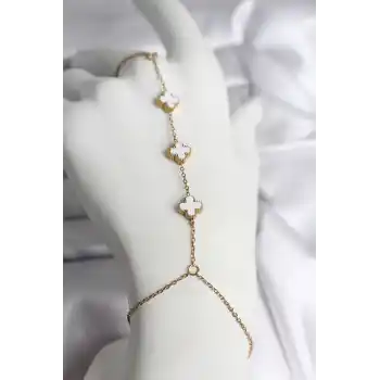 316L Çelik Gold Renk Beyaz Yonca Model Kadın Şahmeran