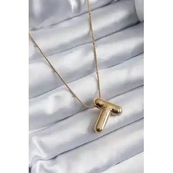 316L Çelik Gold Renk Bubble T Harf Model Kadın Kolye