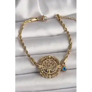 316L Çelik Gold Renk Burgu Zincir Model Dorika Yaşam Ağacı Figür Nazar Boncuk Detay Kadın Bileklik