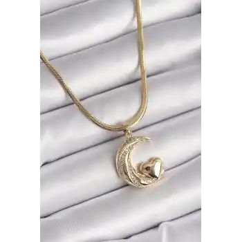 316L Çelik Gold Renk Çelik İtalyan Zincir Zirkon Taşlı Halil Figür Kalp Detay Kadın Kolye