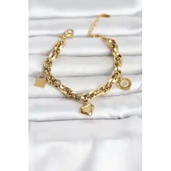 316L Çelik Gold Renk Charmlı Kalın Burgu Model Kadın Bileklik