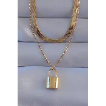 316L Çelik Gold Renk Çift Zincir Kilit Model Kolye