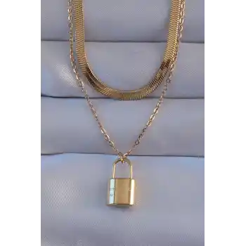 316L Çelik Gold Renk Çift Zincir Kilit Model Kolye