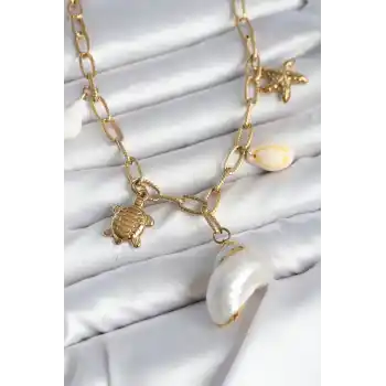 316L Çelik Gold Renk Deniz Kabuğu Charmlı Kadın Kolye