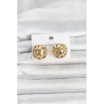 316L Çelik Gold Renk Desenli Top Model Kadın Küpe