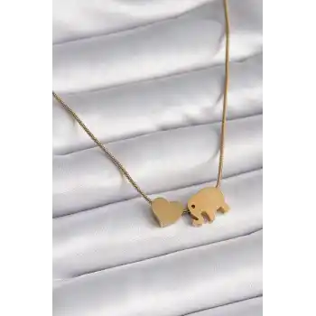 316L Çelik Gold Renk Fil Kalp Figürlü Kadın Kolye