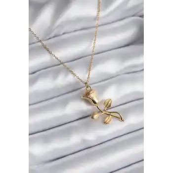 316L Çelik Gold Renk Gül Model Kadın Kolye