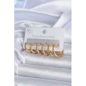 316L Çelik Gold Renk Halka Model Kadın Küpe Seti