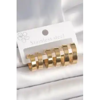 316L Çelik Gold Renk Halka Model Kadın Küpe Seti