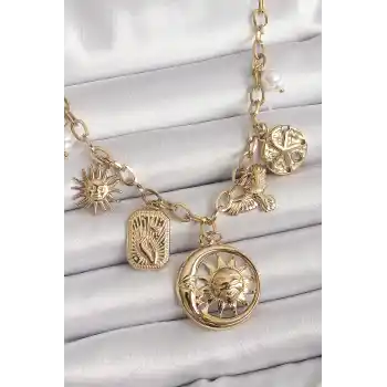 316L Çelik Gold Renk Halka Zincir Sallantı Ay Güneş Figür Kuş Detay Kadın Kolye
