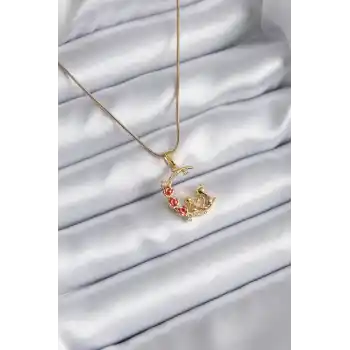 316L Çelik Gold Renk Hilal Kedi Model Zirkon Taşlı Detay Kadın Kolye
