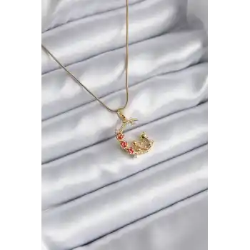 316L Çelik Gold Renk Hilal Kedi Model Zirkon Taşlı Detay Kadın Kolye