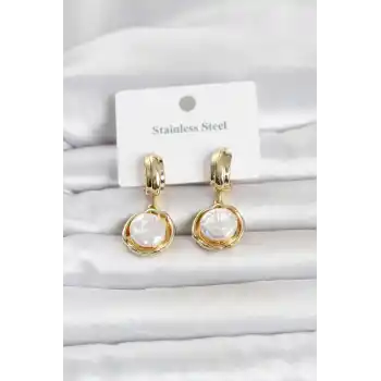 316L Çelik Gold Renk İnci Detaylı Kadın Küpe
