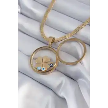 316L Çelik Gold Renk İtalyan Zincir Açılabilir Fanus Yonca Figür Model Kadın Kolye