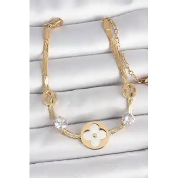 316L Çelik Gold Renk İtalyan Zincir Beyaz Mineli Yonca Model Zirkon Taş Detaylı Kadın Bileklik