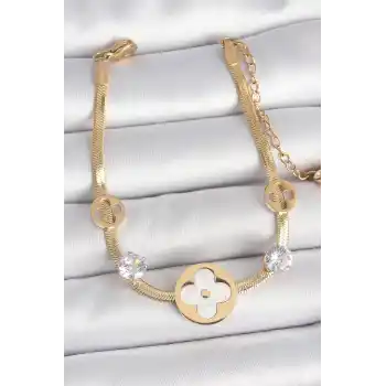 316L Çelik Gold Renk İtalyan Zincir Beyaz Mineli Yonca Model Zirkon Taş Detaylı Kadın Bileklik
