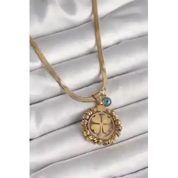 316L Çelik Gold Renk İtalyan Zincir Dorika Yonca Model Nazar Boncuk Detay Kadın Kolye