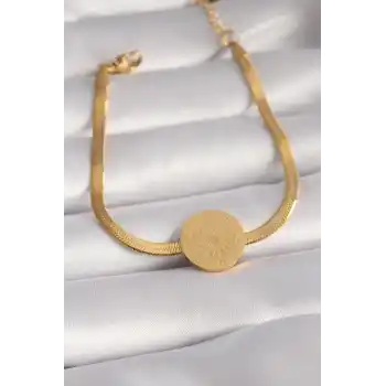 316L Çelik Gold Renk İtalyan Zincir Model İşlemeli Madalyon Figür Kadın Bileklik