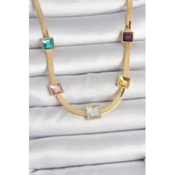 316L Çelik Gold Renk İtalyan Zincir Model Kare Renkli Zirkon Taşlı Kadın Kolye