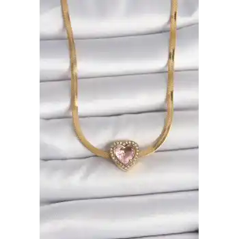 316L Çelik Gold Renk İtalyan Zincir Pembe Zirkon Taşlı Kalp Model Kadın Kolye