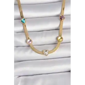 316L Çelik Gold Renk İtalyan Zincir Renkli Zirkon Taşlı Kalp Figür Kadın Kolye