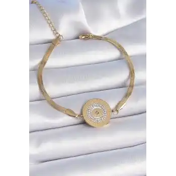 316L Çelik Gold Renk İtalyan Zincir Zirkon Taşlı Göz İşlemeli Madalyon Model Kadın Bileklik
