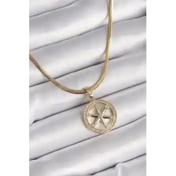 316L Çelik Gold Renk İtalyan Zincir Zirkon Taşlı Kutup Yıldız Model Kadın Kolye