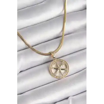316L Çelik Gold Renk İtalyan Zincir Zirkon Taşlı Kutup Yıldız Model Kadın Kolye
