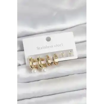 316L Çelik Gold Renk Kadın Küpe Seti