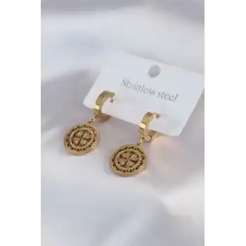 316L Çelik Gold Renk Kalp Model İşleme Detay Kadın Küpe