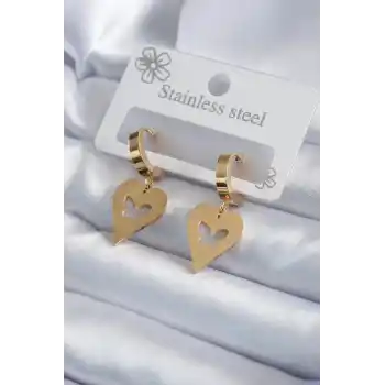 316L Çelik Gold Renk Kalp Model Kelebek İşleme Kadın Küpe