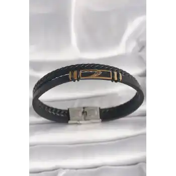 316L Çelik Gold Renk Kanat Aksesuarlı Siyah Burgu Model Deri Kordon Erkek Bileklik