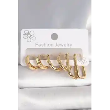 316L Çelik Gold Renk Kare Halka Model Kadın Küpe Seti