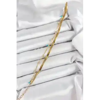 316L Çelik Gold Renk Karışık Renkli Kristal Taşlı 2li Kadın Bileklik