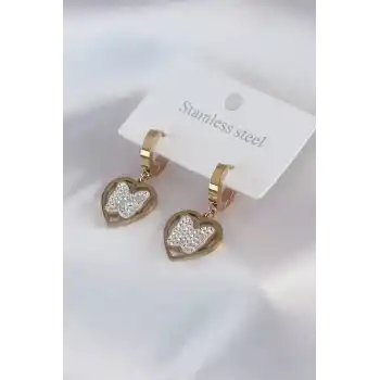 316L Çelik Gold Renk Kelebek Model Zirkon Taş Detay Kadın Küpe