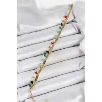 316L Çelik Gold Renk Kristal Karışık Renkli Taşlı 2li Kadın Bileklik