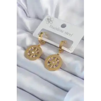 316L Çelik Gold Renk Kutup Yıldızı Model İşleme Detay Zirkon Taşlı Kadın Küpe